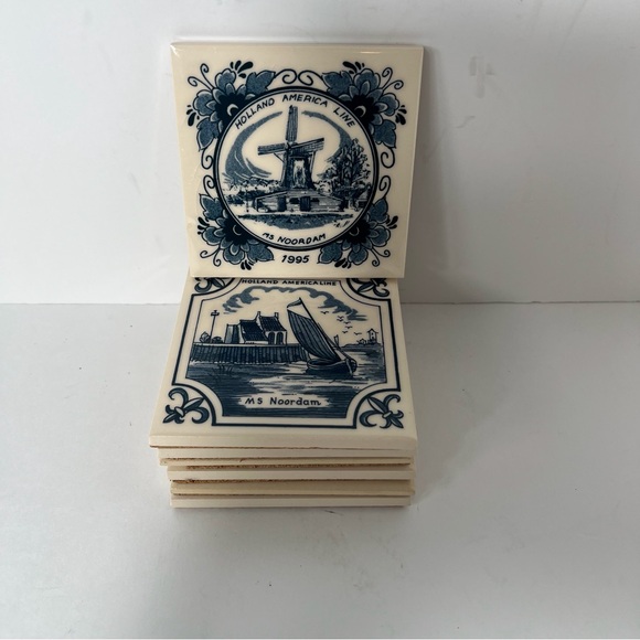 Delft Blue Tile Coasters Holland America Line Set Of 7 Ceramic Cork Vintage - Picture 3 of 16